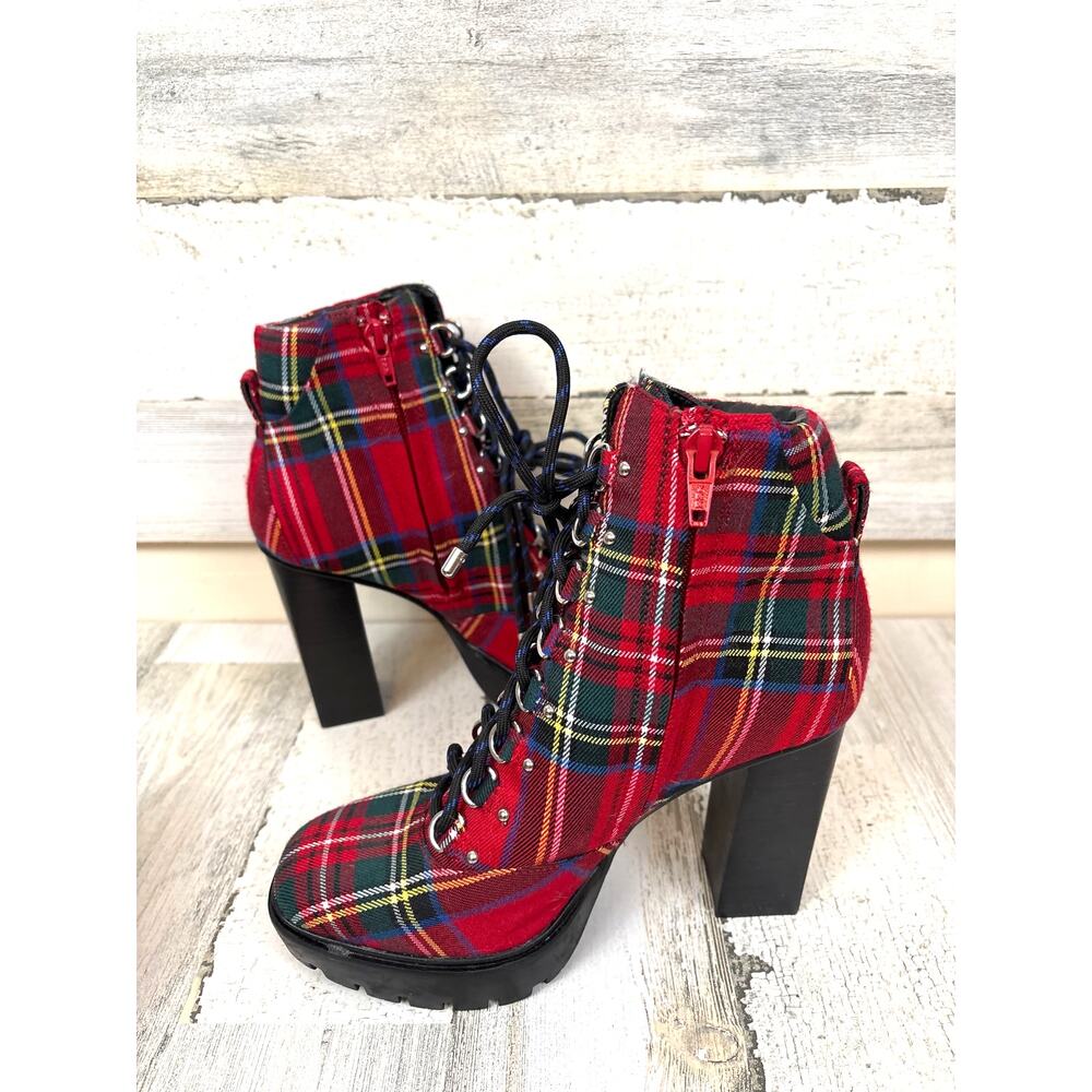 Gianni Bini Womens 7.5 Red Ambelynn Plaid Lug Sole Heeled Hiker Combat Bootie - Picture 5 of 10